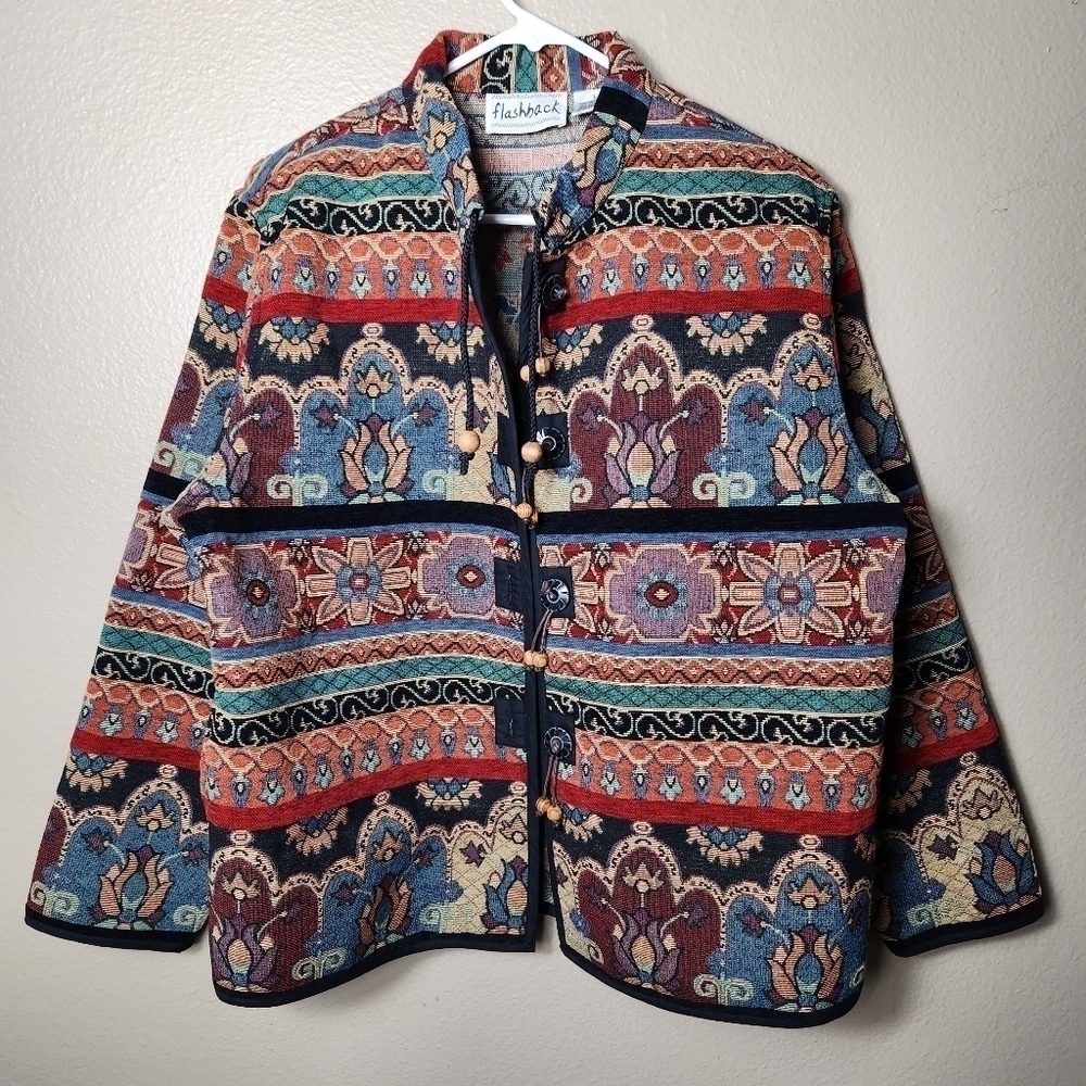 Flashback Vintage Multicolor Patterned Tapestry Artsy Buttonfront Jacket-Size L